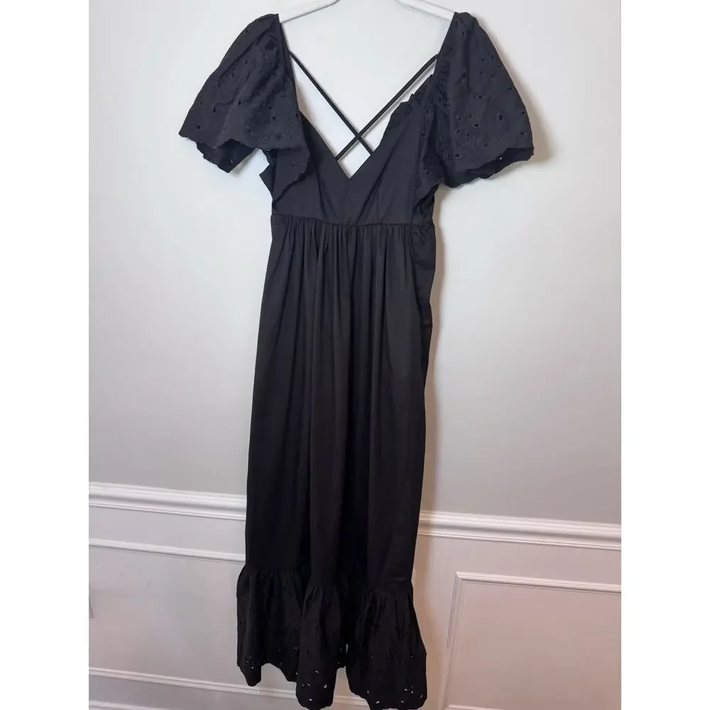 En Saison Barnette Black Midi Dress Eyelet Sleeves Size XS Pockets NWT